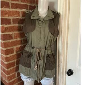 Vintage Olive Green Utility Vest Cinched Waist Safari Cargo Jacket M